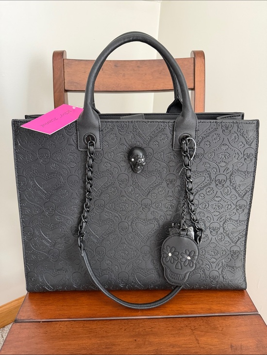 Betsey Johnson Handbags - Betsey Johnson Black Embossed Skull Tote with Chain-Strap Accents